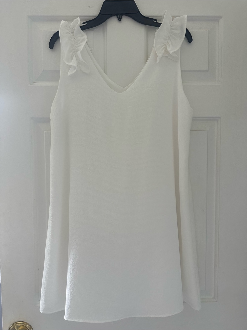 Women's White V-Neck Sleeveless Dress with Ruffle Shoulder Detail